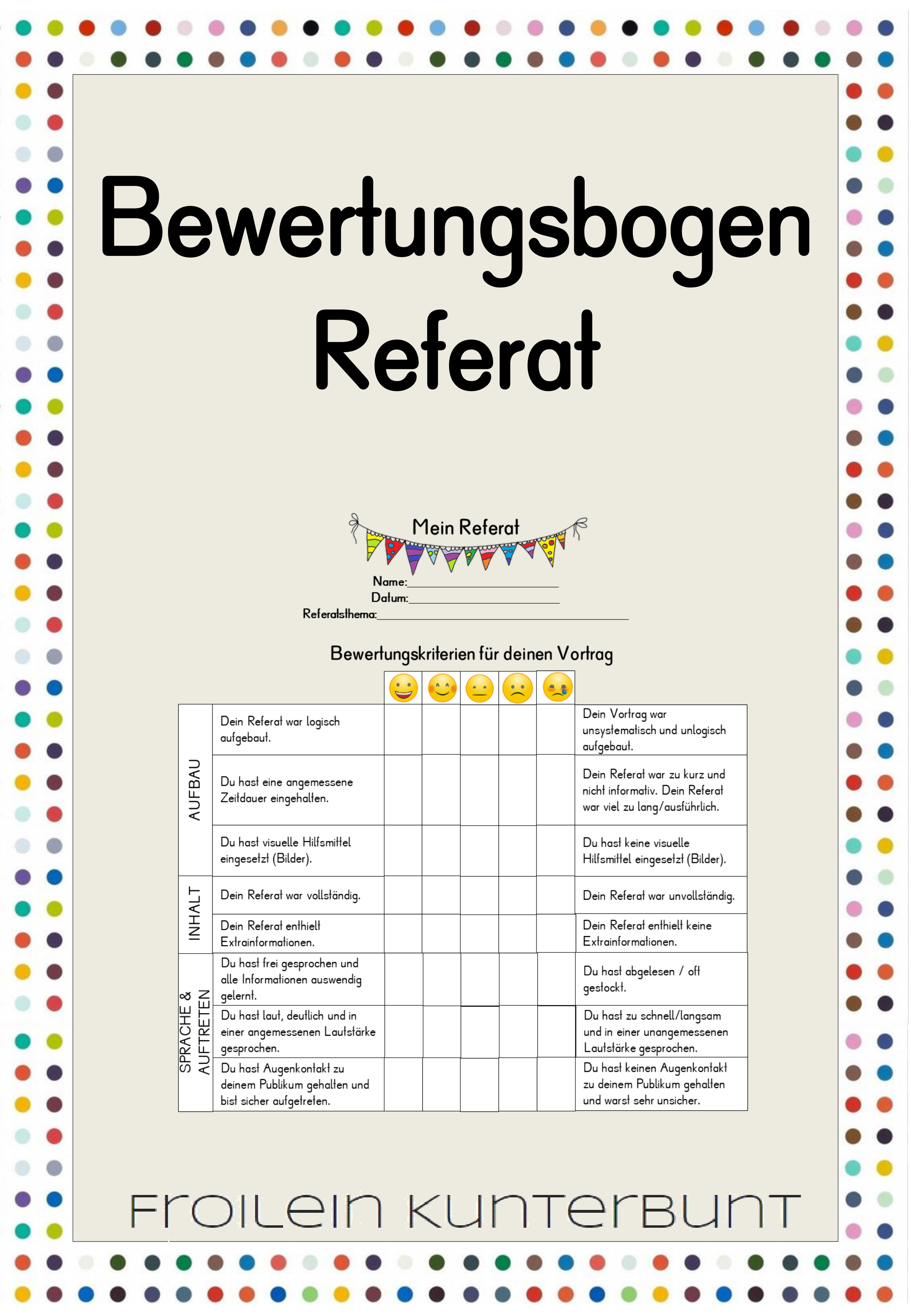 Bewertungsbogen Referat Deutsch Lehreralltag Lehrmaterial Unterrichtsmaterial Unterricht Schule