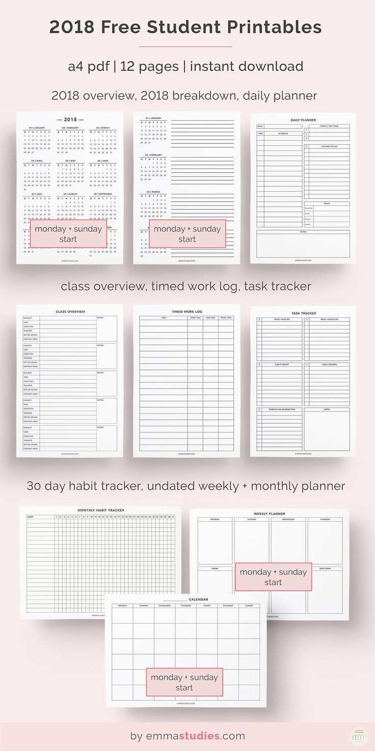 Emma S Studyblr 2018 Free Student And Calendar Printables With The Student Planner Printable Student Planner Planner