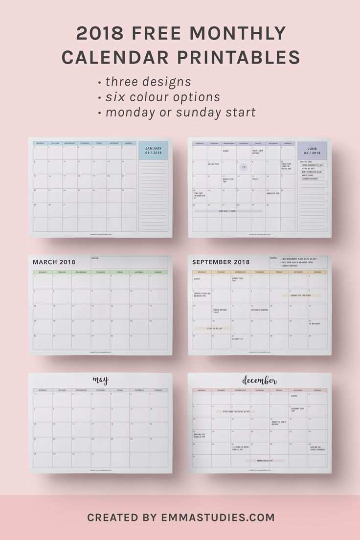 2018 Monthly Free Printable Calendars By Emmastudies Calendrier Imprimable Filofax Organisation Quotidienne