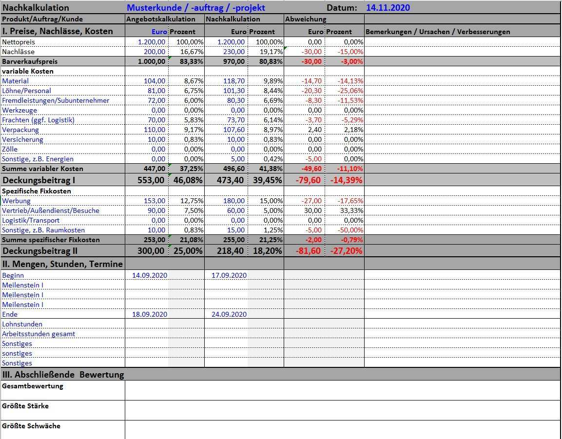 Beispiel Nachkalkulation In Excel