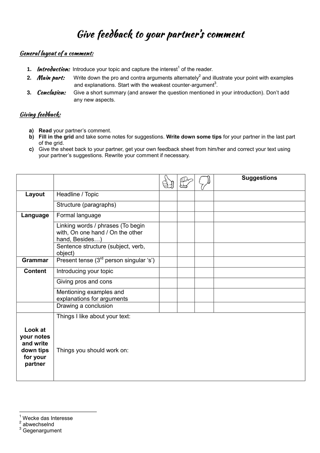 Partner Feedback Sheet On How To Write A Comment Unterrichtsmaterial In Den Fachern Englisch Fachubergreifendes Englischunterricht Unterrichtsmaterial Englisch Grundschule