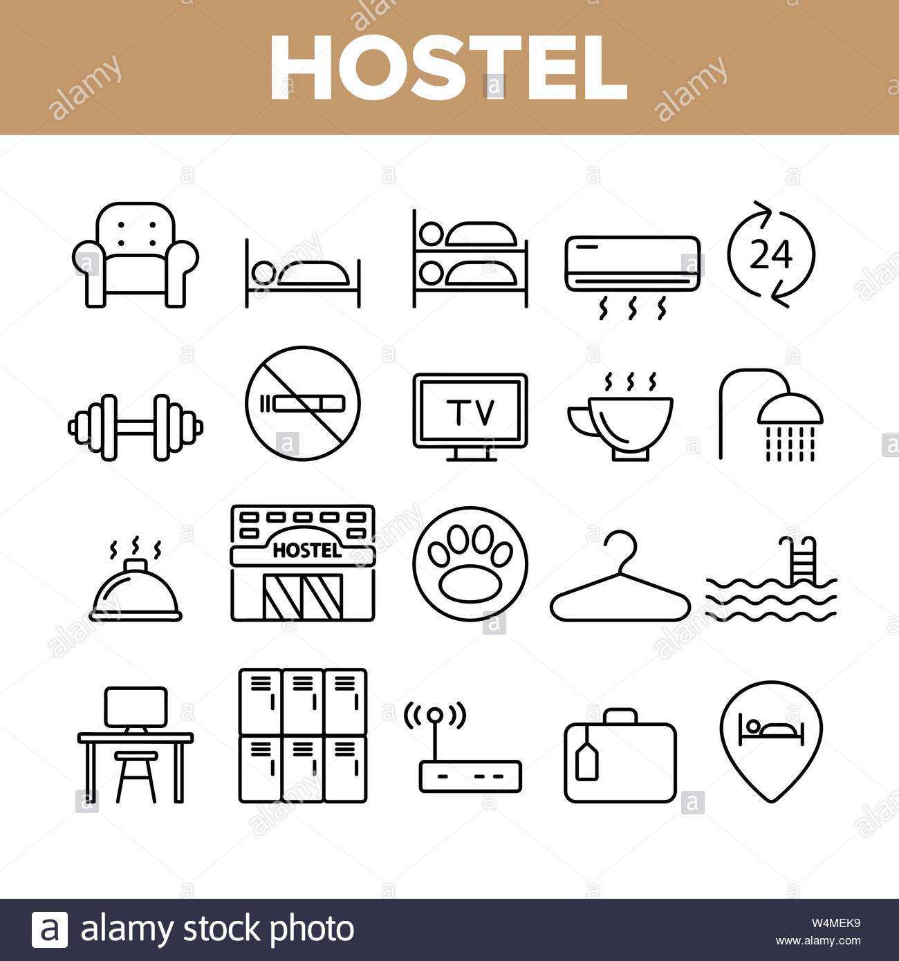 Hostel Touristen Unterkunft Vector Linear Symbole Gesetzt Hostel Einrichtungen Und Dienstleistungen Umrisse Cliparts Hotel Reservierung Piktogramme Sammlung Hosp Stock Vektorgrafik Alamy