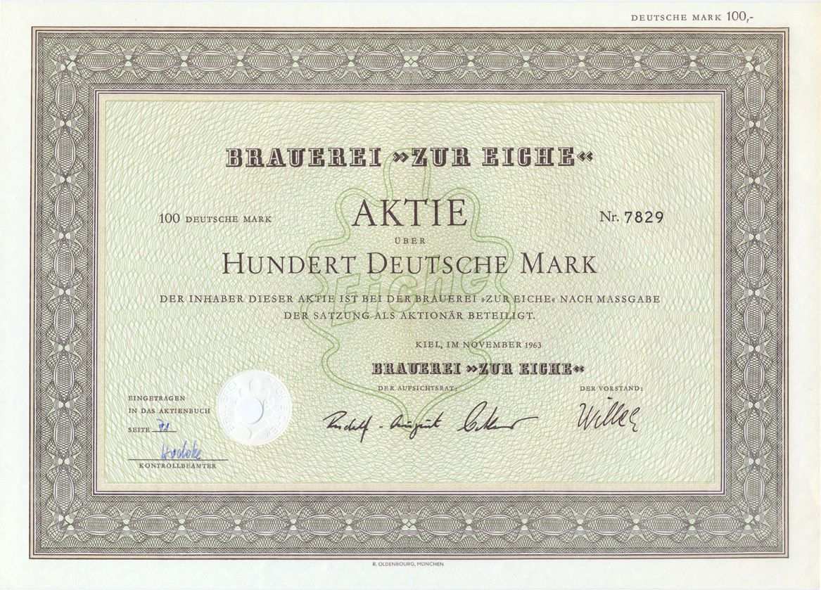 Kiel Brauerei Zur Eiche Aktie 100 Dm 1963 Brewing Germany Malt