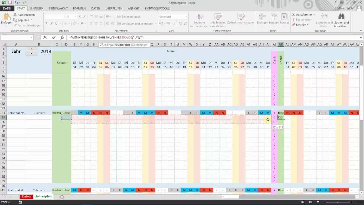 Excel Schichtplan Erstellen Teil 6 Urlaubstage Zahlen Schichtplan Erstellen Planer Jahresplaner