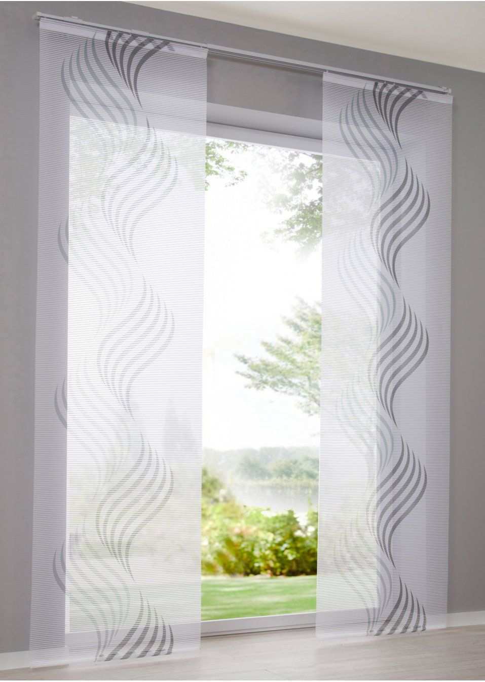 Moderne Fensterdekoration Mit Druck Weiss Grau Klettschiene Schiebegardine Gardinen Vorhange Gardinen