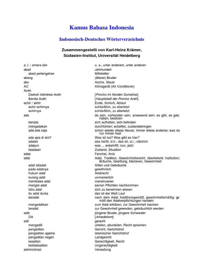 Kamus Bahasa Indonesia Indonesisch Deutsches Worterverzeichnis