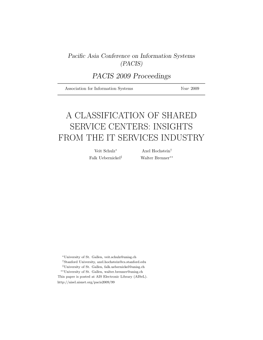 Pdf A Classification Of Shared Service Centers Insights From The It Services Industry
