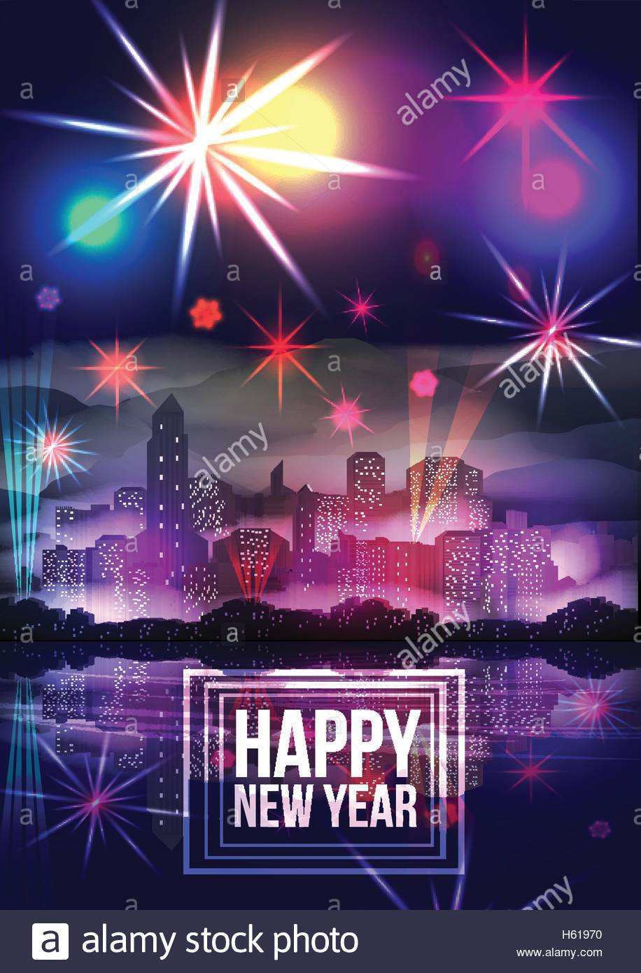 Silvester Party Plakat Vorlage Mit Skyline Der Stadt Und Einem Feuerwerk Vektor Illustration Stock Vektorgrafik Alamy