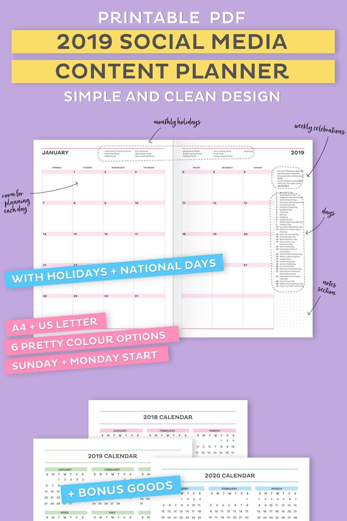 2019 Social Media Planner With Holidays And National Days For Small Creative Business Social Media Content Planner Social Media Planner Content Planner