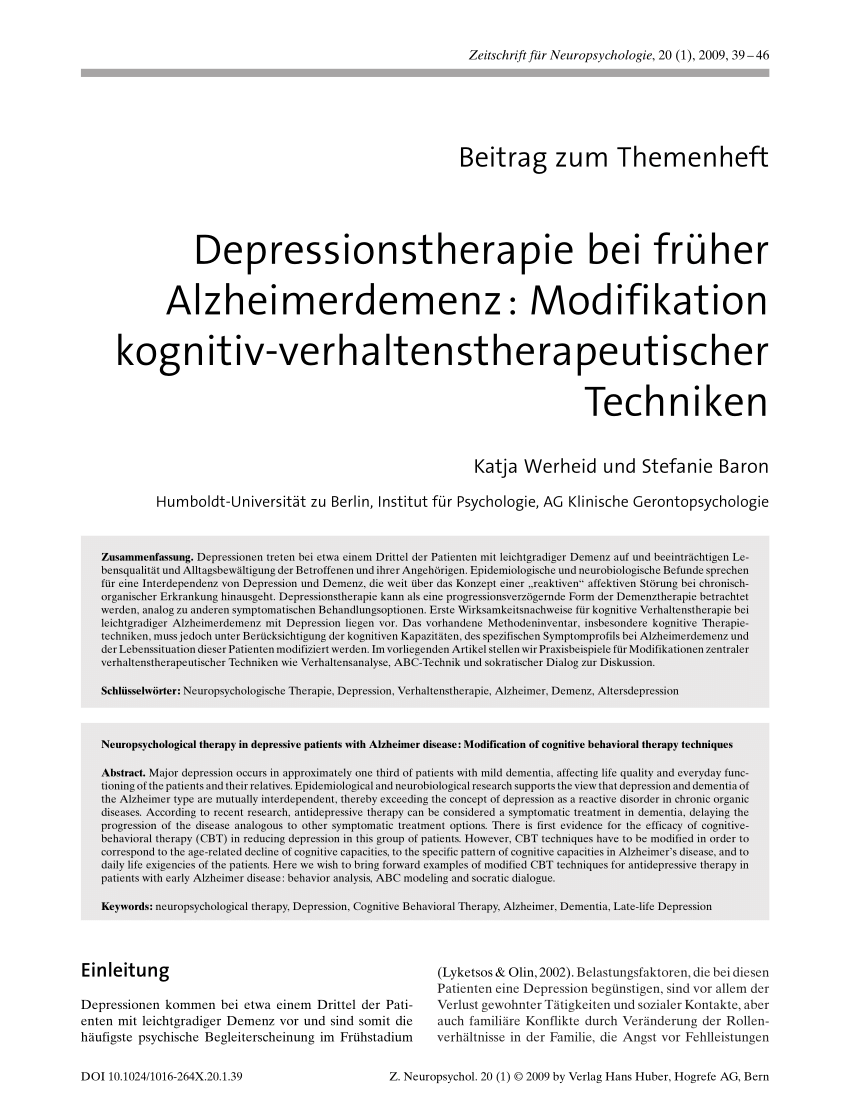 Pdf Depressionstherapie Bei Fruher Alzheimerdemenz Modifikation Kognitiv Verhaltenstherapeutischer Techniken