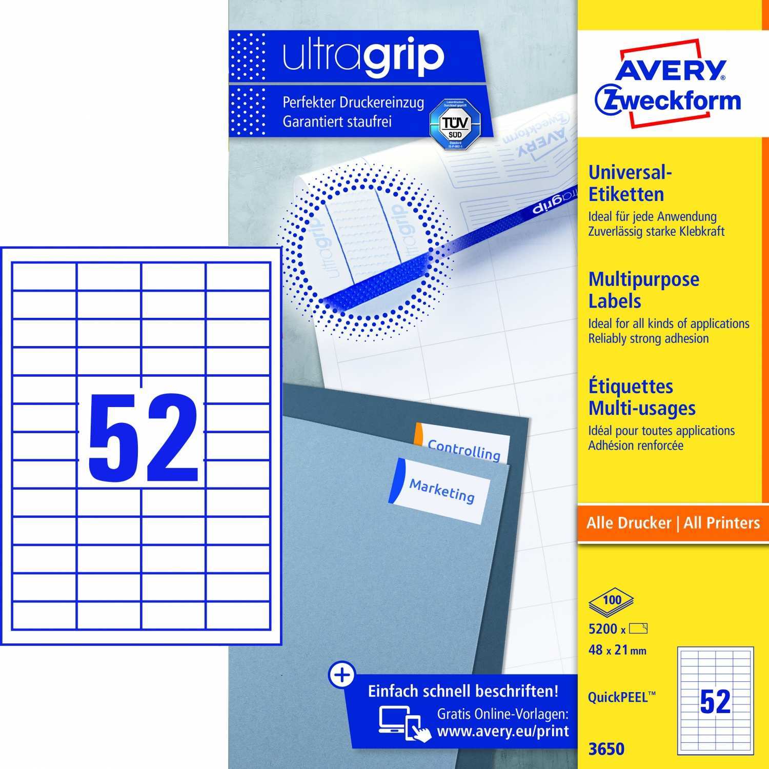 Avery Zweckform 3650 Universal Etiketten A4 Mit Ultragrip 48 X 21 Mm 100 Bogen 5 200 Etiketten Weiss Staples Burobedarf Schulartikel