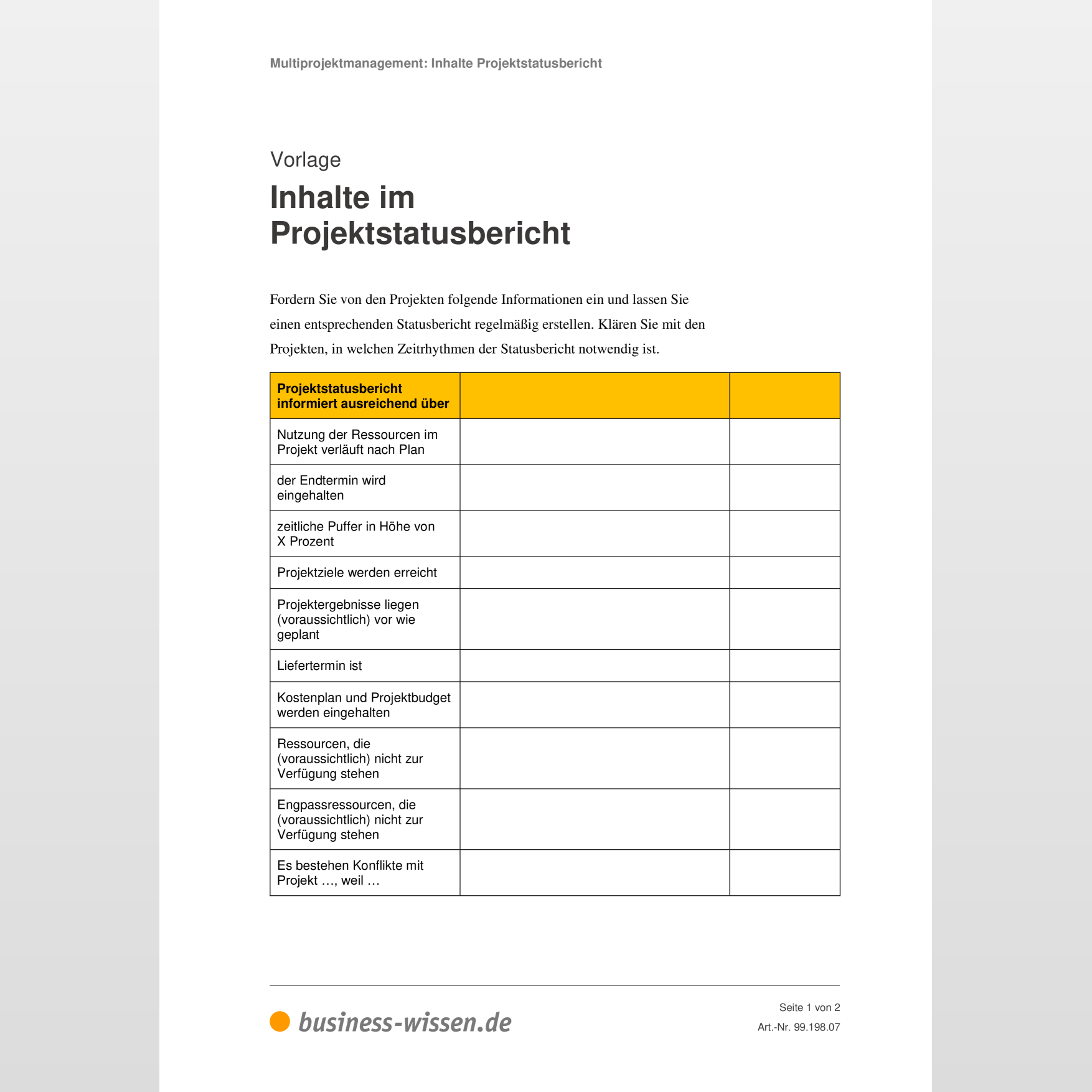 Inhalte Im Projektstatusbericht Vorlage Business Wissen De