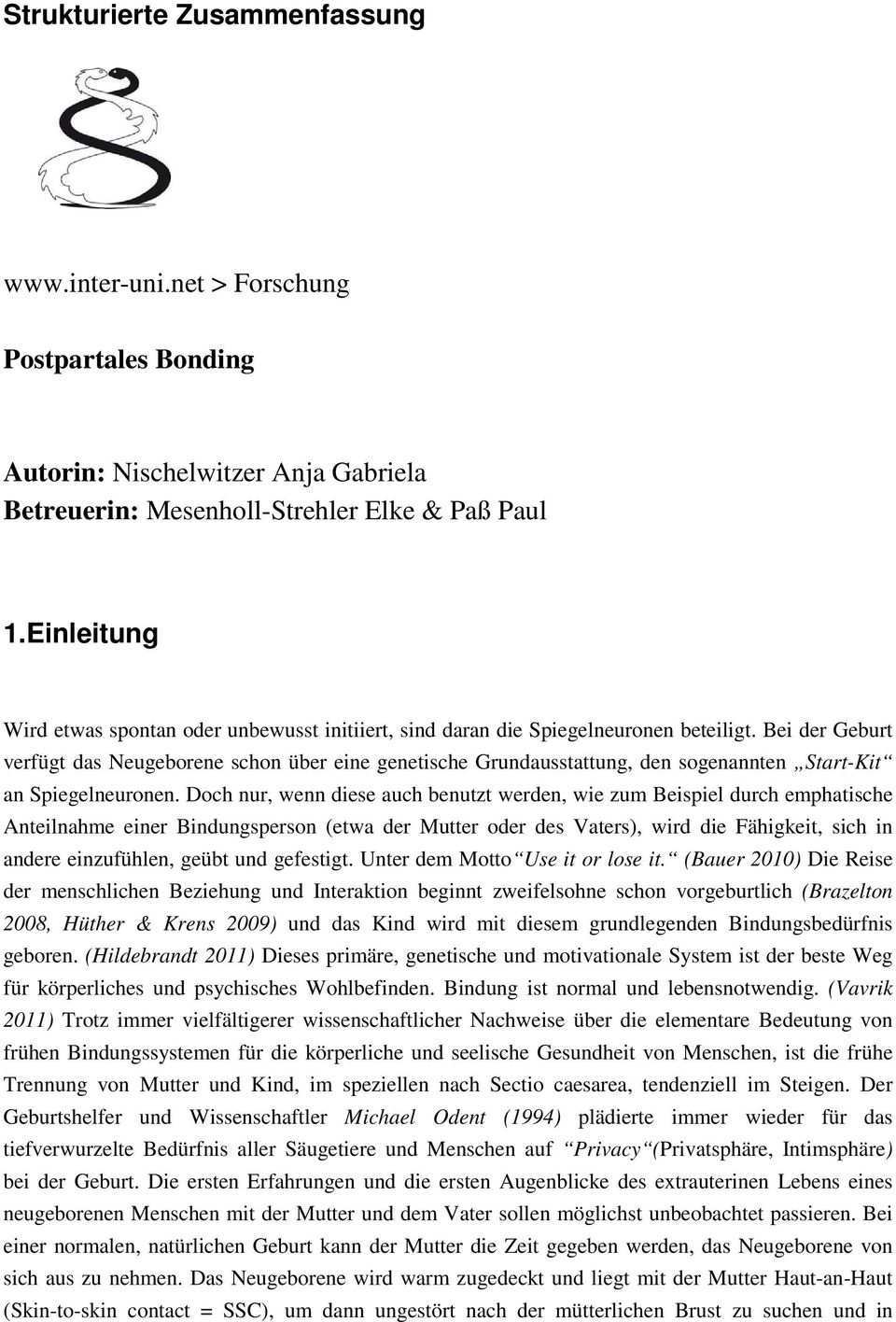 Strukturierte Zusammenfassung Forschung Postpartales Bonding Pdf Free Download