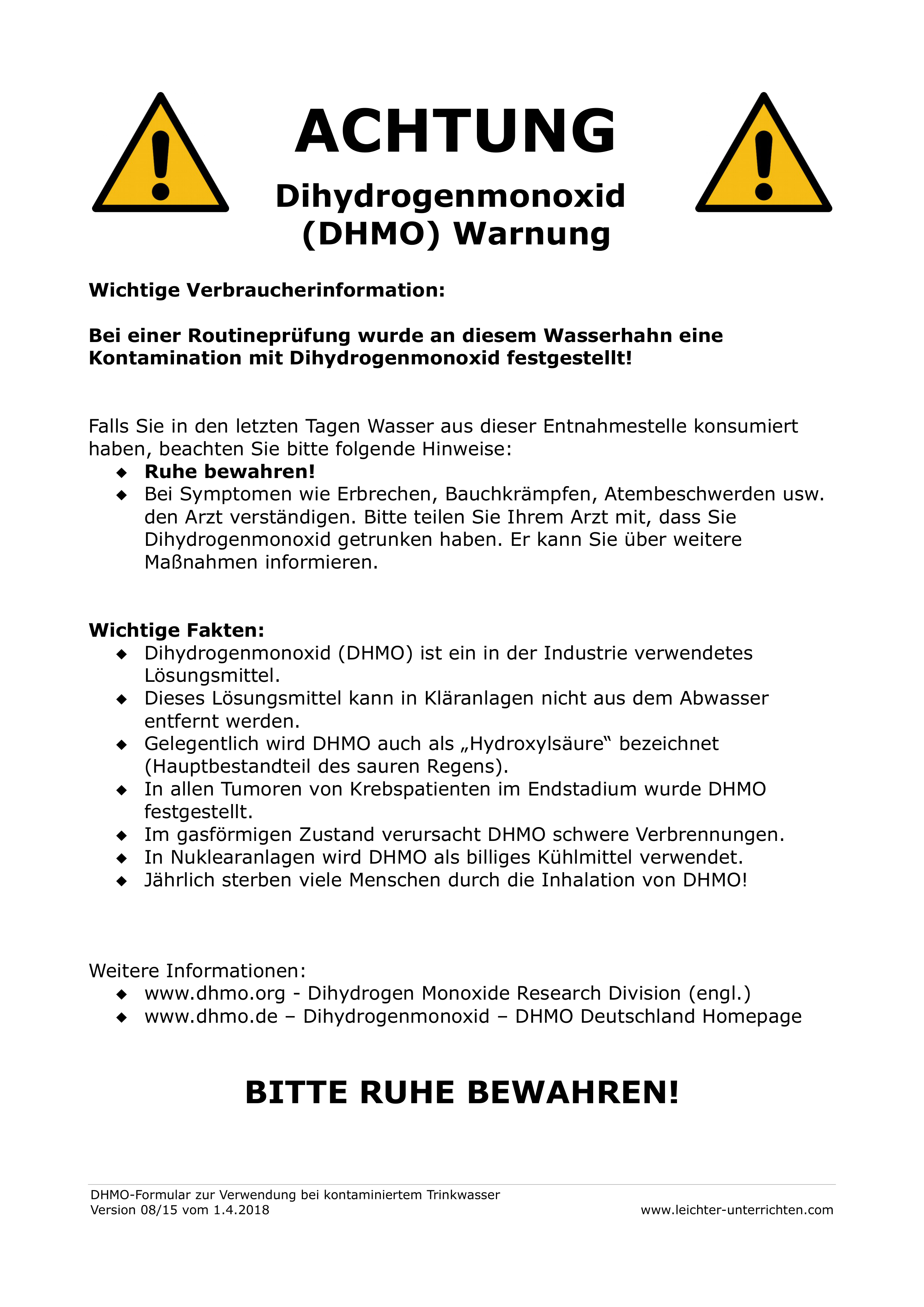 Gefahr Durch Dihydrogenmonoxid Dhmo Plakat Unterrichtsmaterial Im Fach Chemie Chemieunterricht Lernen Chemie