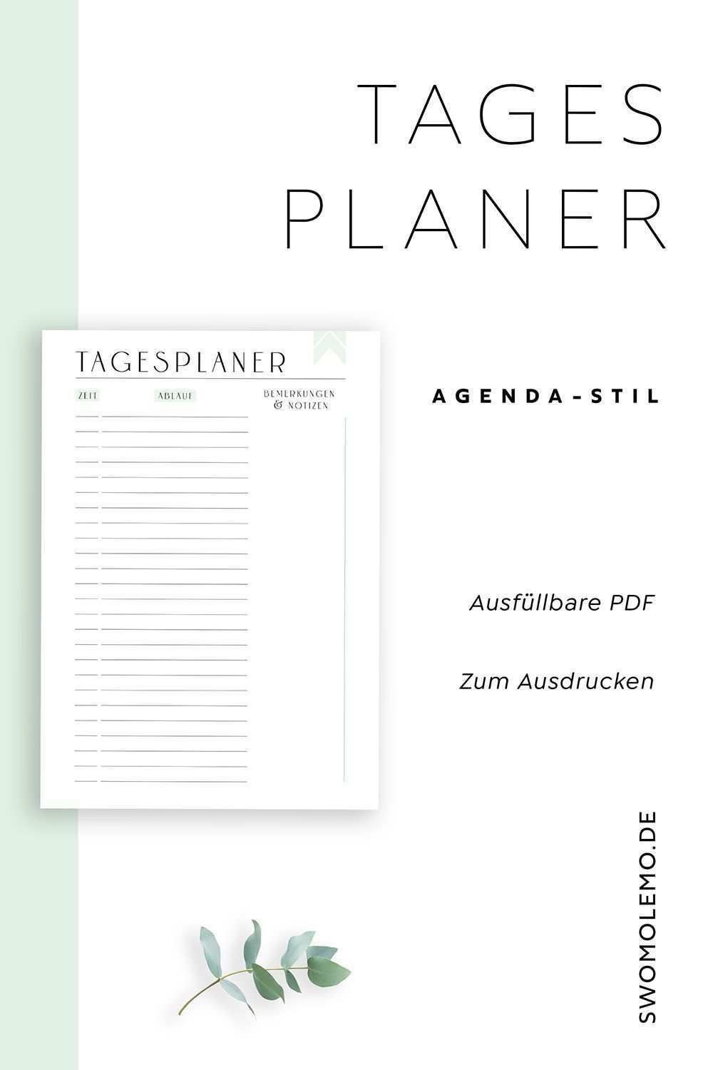 Tagesplaner Zum Ausdrucken Zeitplan Agenda Minimal Green Swomolemo Tagesplan Planer Planer Vorlagen