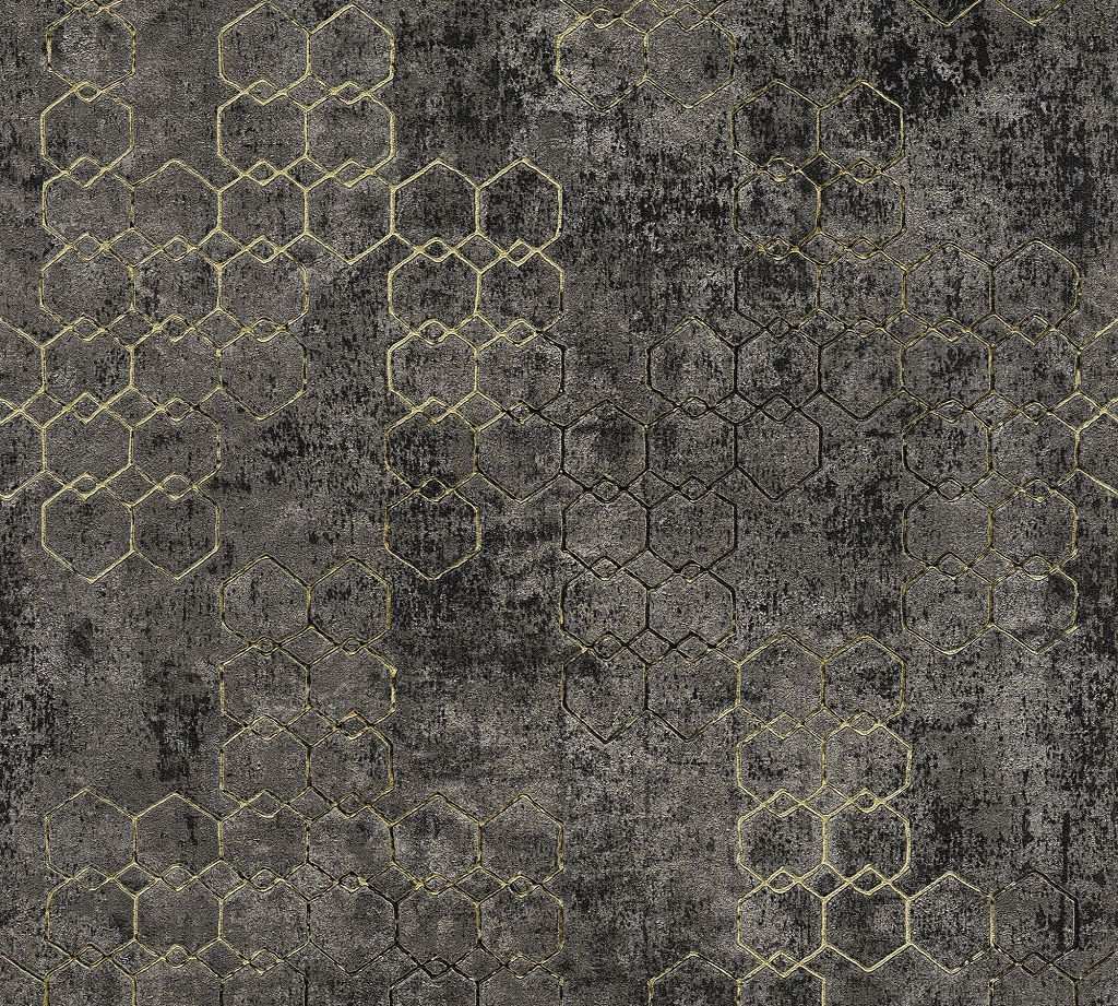 Vliestapete Grafisches Hexagon Muster Beton Schwarz Gold Metallic Tapeten Geometrisch Steintapete