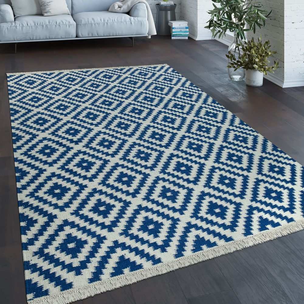 Handgewebter Trend Teppich Modern Im Marokkanischem Design Mit Fransen In Blau Und Weiss Marokkanisches Design Teppich Teppich Skandinavisch