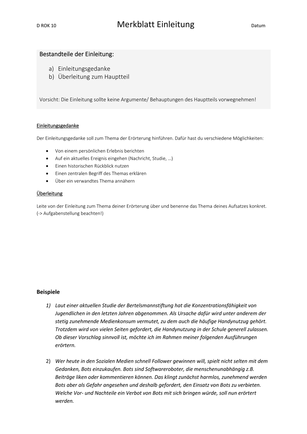 Merkblatt Einleitung Erorterung Mit Beispielen Unterrichtsmaterial In Den Fachern Deutsch Fachubergreifendes Einleitung Merken Erorterung