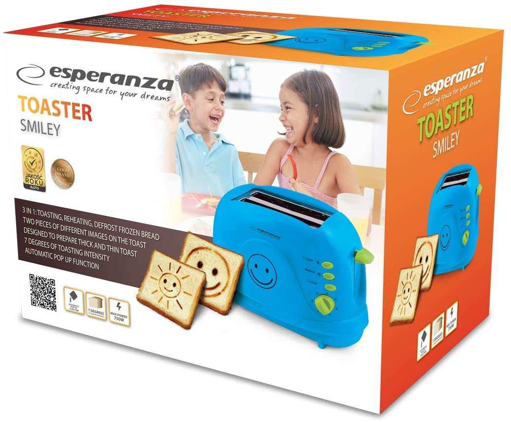 Amazon De Esperanza Toaster 2 Scheiben Mit Smiley Bild Muster Und Timer Sandwich Krumelschublade Blau