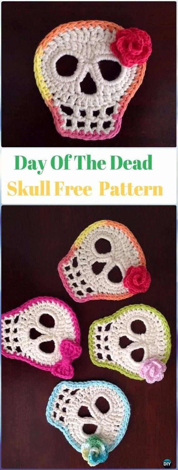 Crochet Day Of The Dead Skull Motif Free Pattern Crochet Skull Ideas Free Patterns Halloween Hakeln Skull Hakeln Applikationen Hakeln