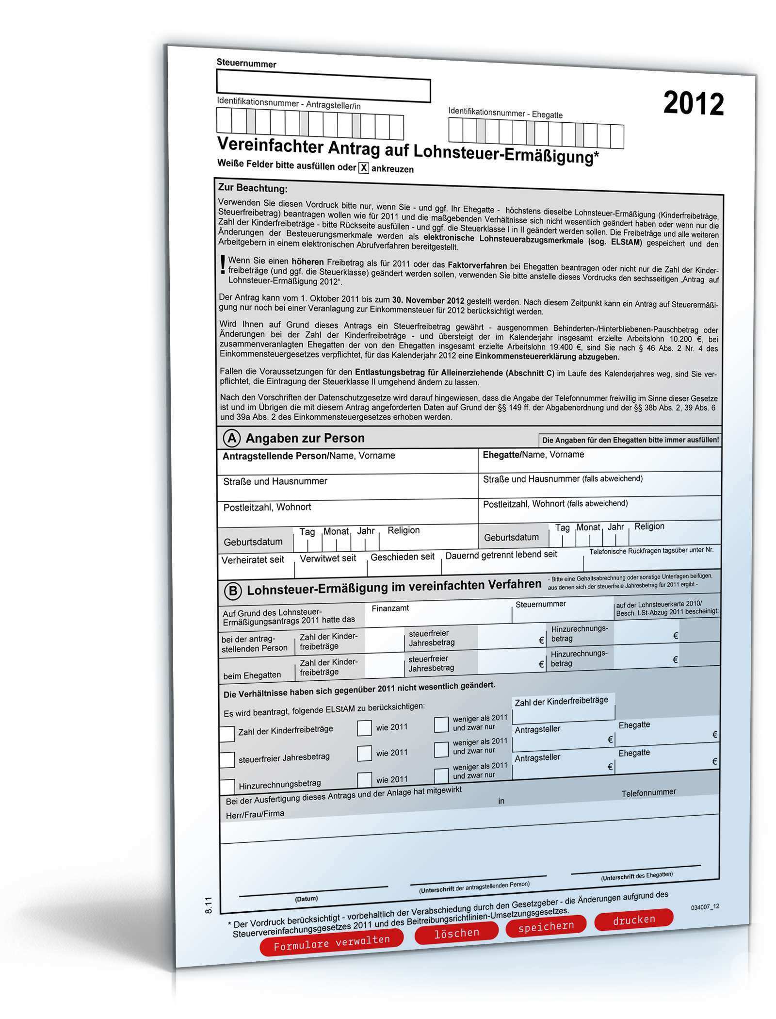 Vereinfachter Antrag Auf Lohnsteuerermassigung 2012 Formular Zum Download