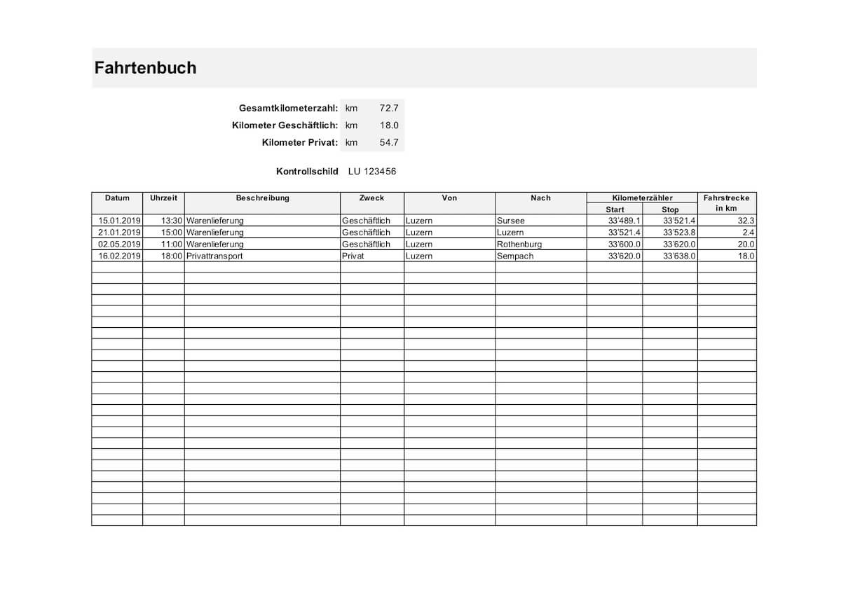 Fahrtenbuch Vorlage Excel Format Muster Vorlage Ch