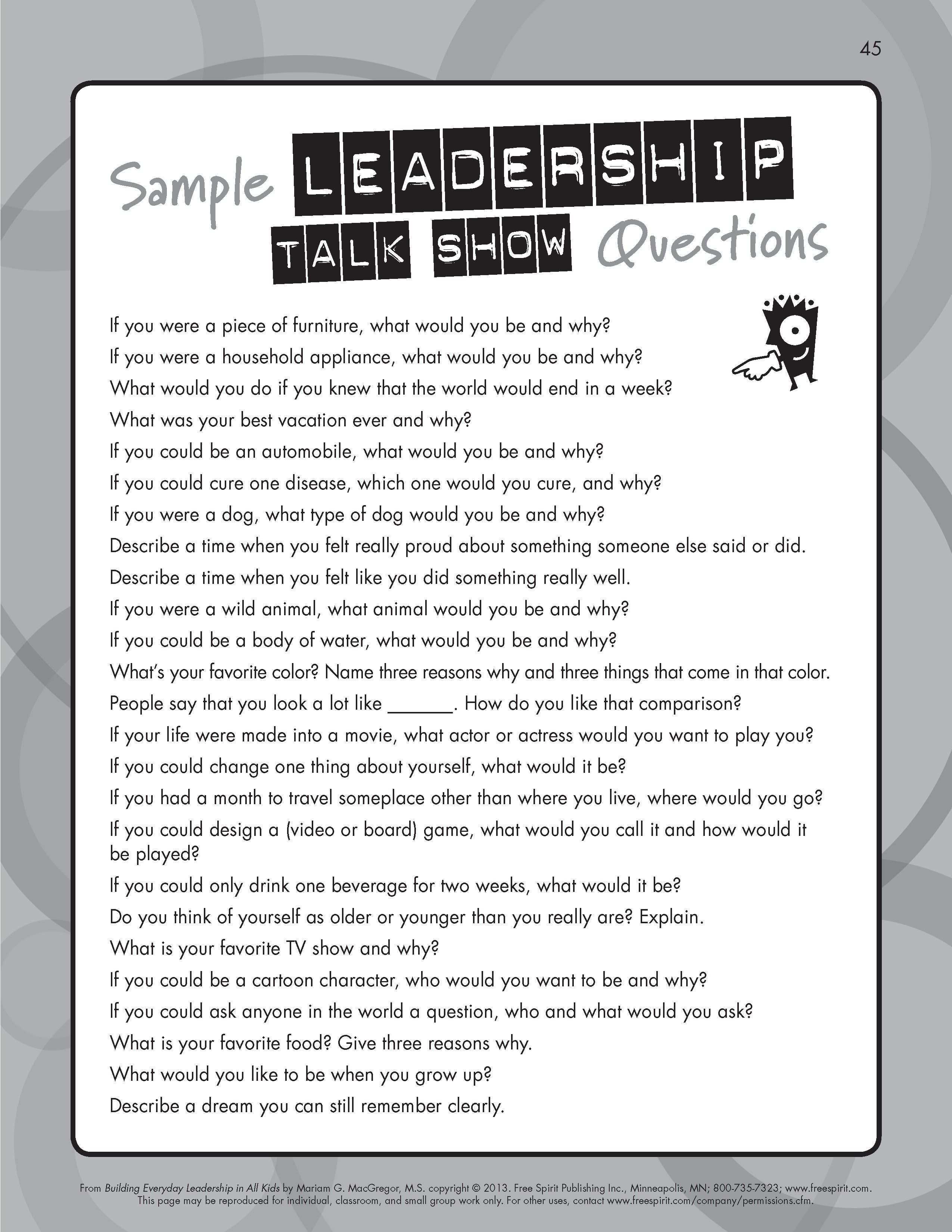 Free Download Sample Leadership Talk Show Questions Elementary Curriculum Student Leadership Leadership