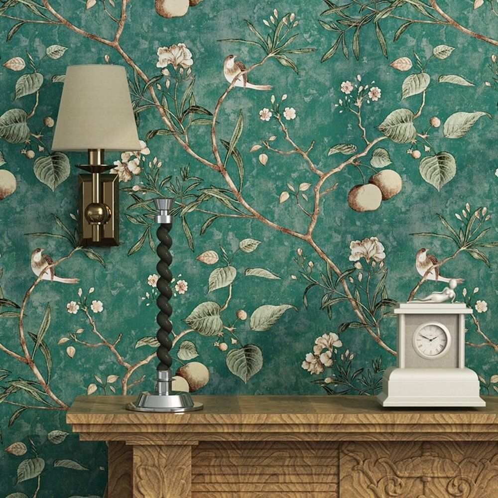 Blooming Wall Vintage Flower Trees Birds Wallpaper For Livingroom Bedroom Kitchen 57 Square Ft Emerald G Bird Wallpaper Wall Wallpaper Chinoiserie Wallpaper