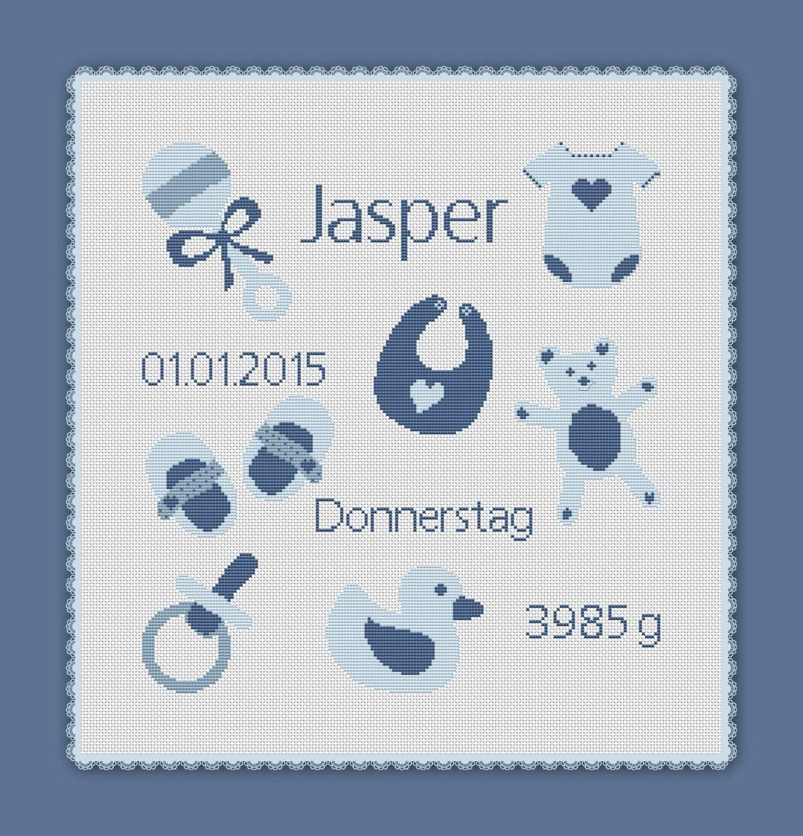 2462 Stickvorlage Kreuzstich Geburt Von Jasper Abc In 2 Grossen Kreuzstich Sticken Baby Stickvorlagen