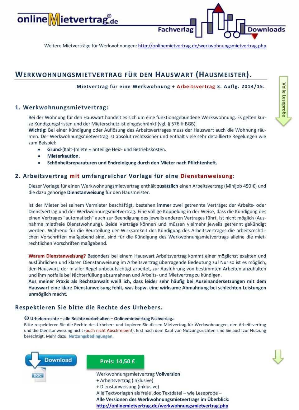 Werkwohnungsmietvertrag Fur Den Hauswart Hausmeister Pdf Free Download