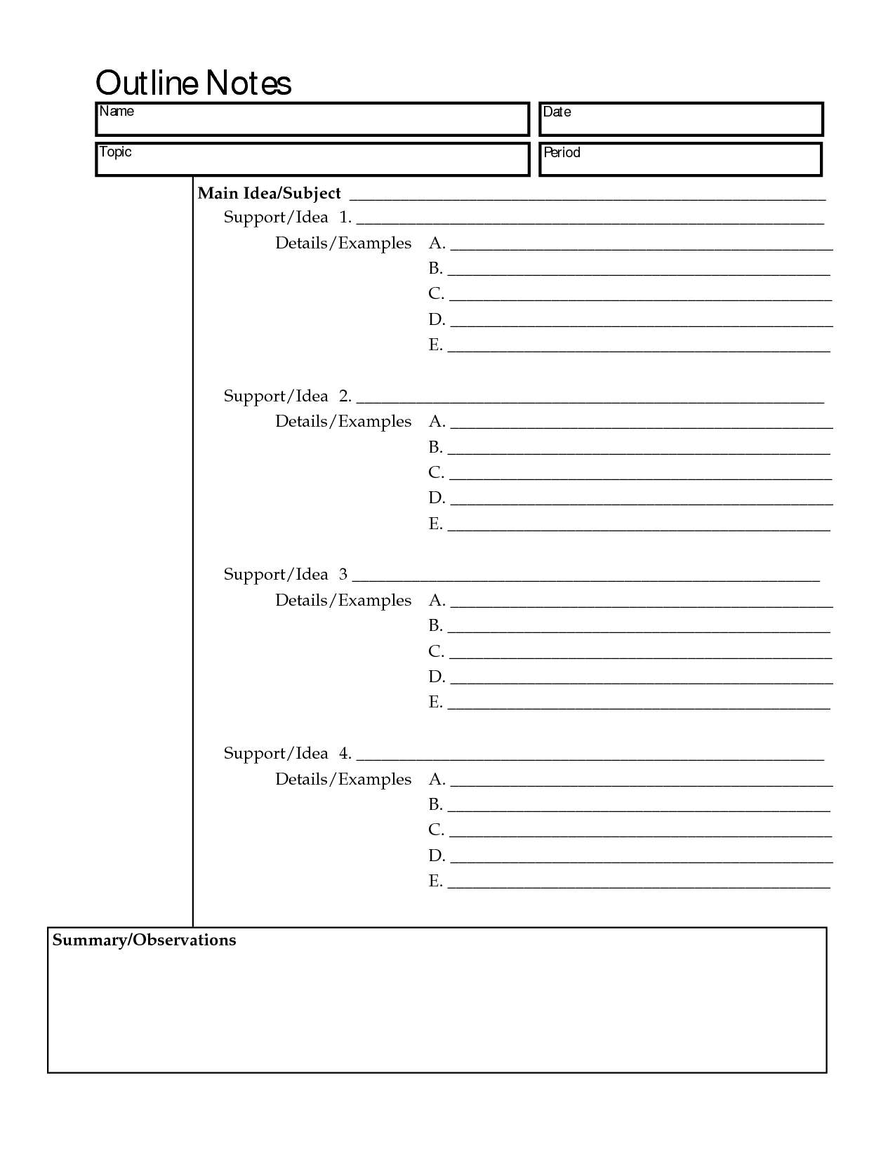 Note Taking Outline Template Outline Notes Writing Worksheets Notes Template
