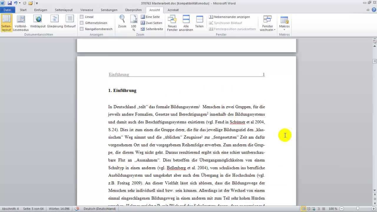 Wissenschaftliche Arbeit 1 Mit Word 2010 Formatieren Youtube