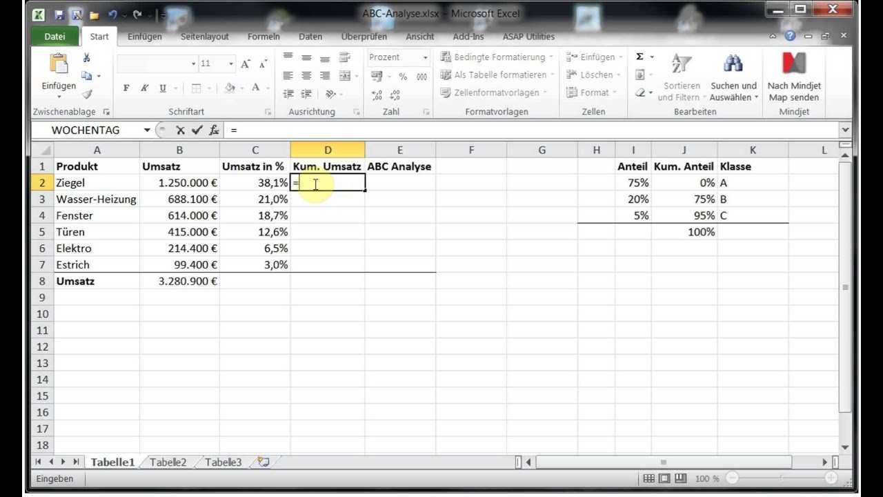 Beispiel Abc Analyse Mit Excel 2010 2013 2016 2019 365 Youtube