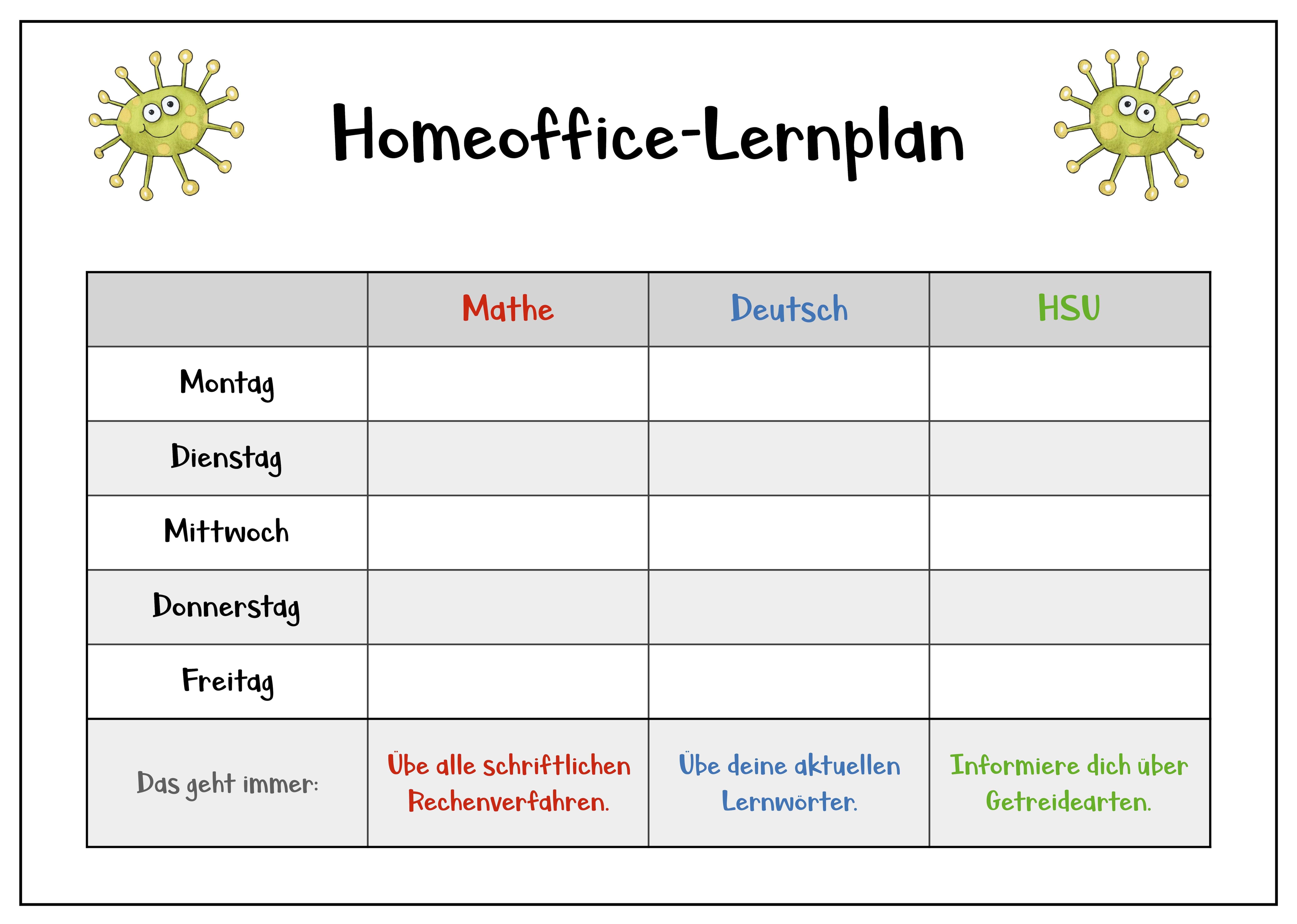Homeoffice Lernplan Lernplan Grundschule Lehrer Planer