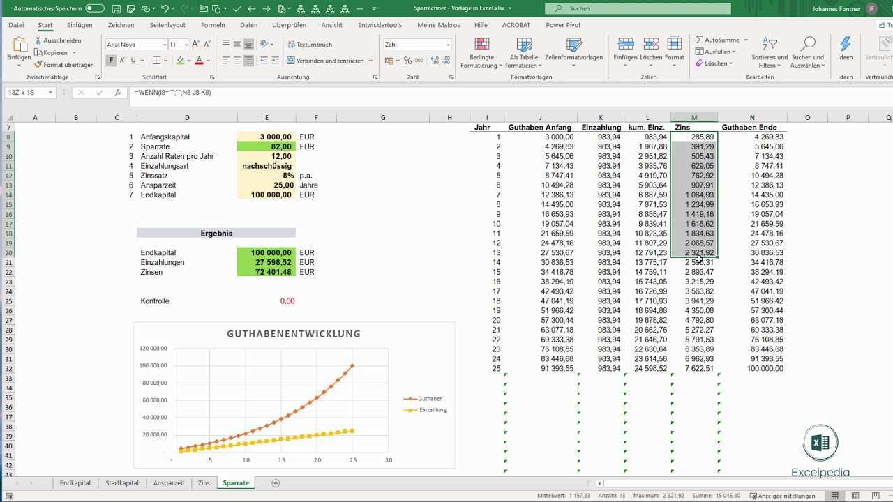 Sparrechner Vorlage In Excel Sparrate Berechnen I Excelpedia Youtube